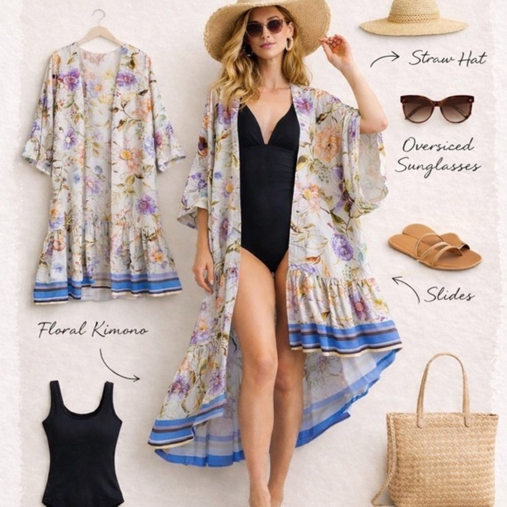 NWT UMGEE Kimono Open Cardigan S/M Long Robe Swim Cover Up Resort Floral Boho - Picture 9 of 11